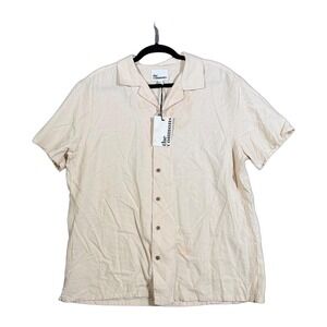 The Commons Mens L Linen Blend Camp Collar Short Sleeve Button Up Shirt‎ Beige